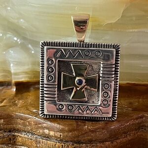 Victoria Adams Sterling Silver 14K Yellow Gold With Sapphire Cross Pendant RARE